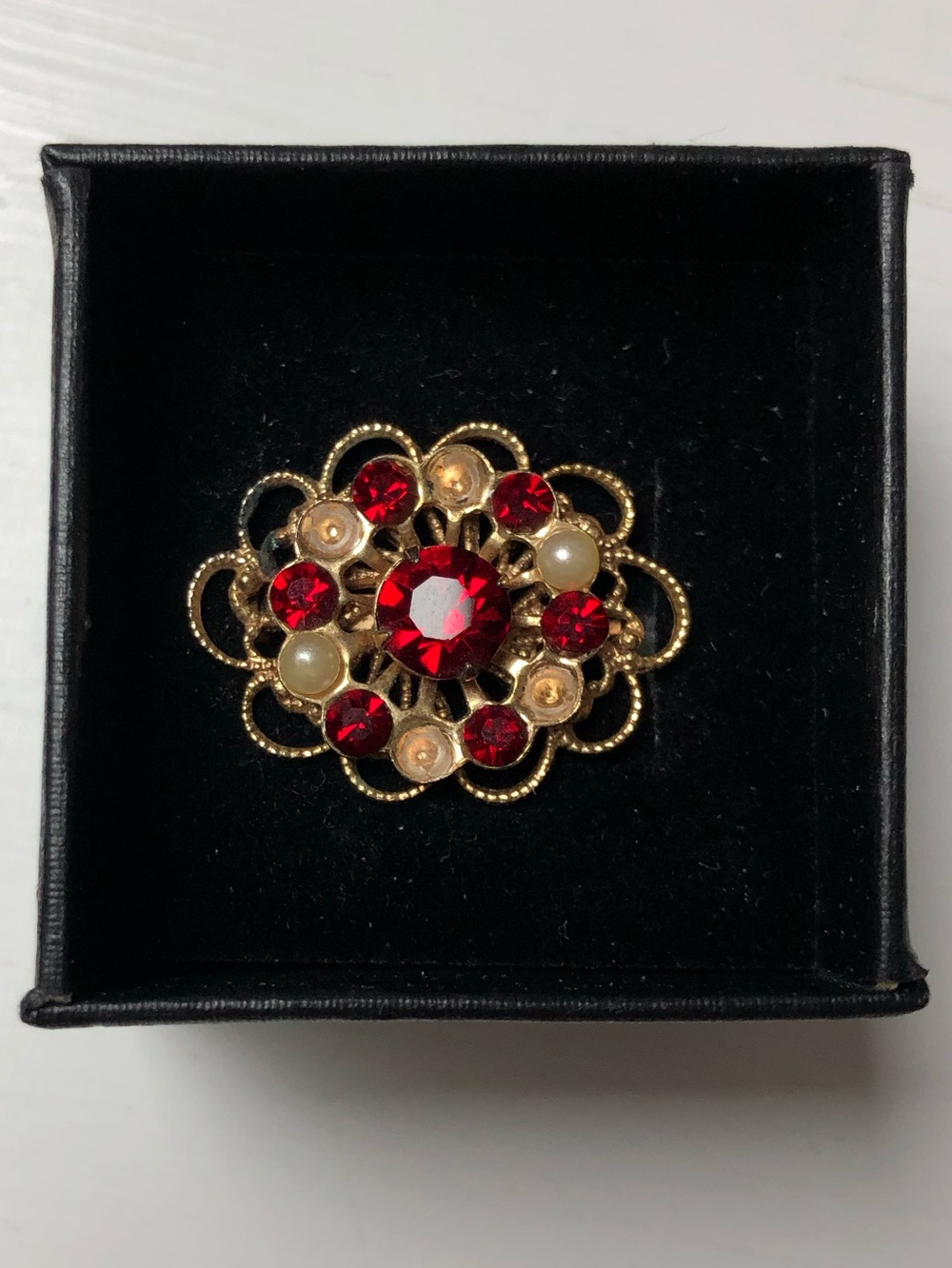 Mid-Century Garnet Pearl Gold Filagree 1950’s Brooch